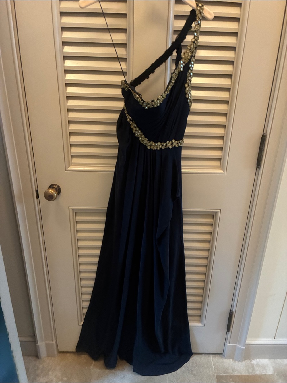 Marchesa Navy One-Shoulder Evening Gown with Gold Embellishment
